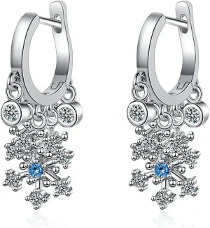 Dainty Blue CZ Snowflake Christmas Dangle Hoop Earrings for Women Teen Girls Cartilage Cute Shiny Crystal Dangling Hypoallergenic Studs Post For Sensitive Ears Huggie Hoops Fashion Jewelry Gifts for