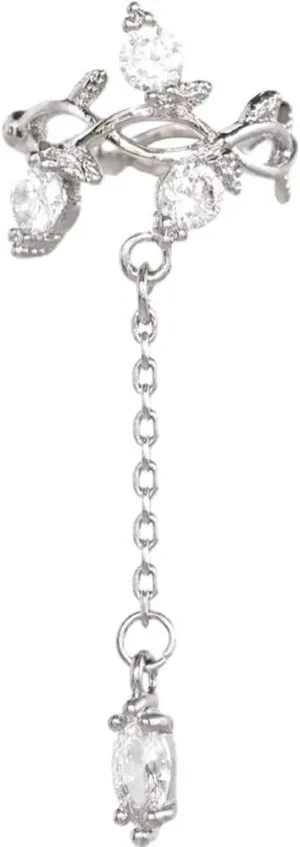 Dainty Branch Vine Criss Cartilage Cuff Earring Cubic Zirconia Crystal Chain Tassel Drop Dangle Leaves Clip On Non Piercing Fake Huggie Hoops Hypoallergenic Wrap Earrings Fashion Jewelry for Women