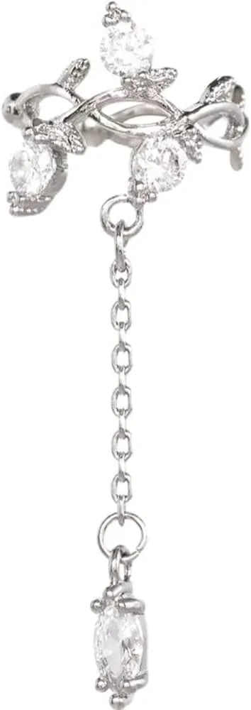 Dainty Branch Vine Criss Cartilage Cuff Earring Cubic Zirconia Crystal Chain Tassel Drop Dangle Leaves Clip On Non Piercing Fake Huggie Hoops Hypoallergenic Wrap Earrings Fashion Jewelry for Women