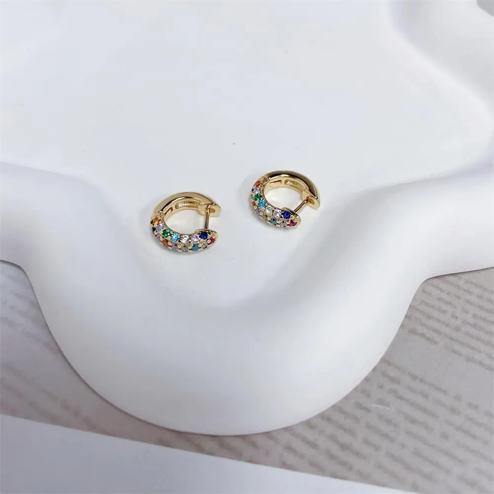 Dainty Chunky CZ Colorful Small Hoop Earrings for Women Cartilage Cute 925 Sterling Silver Post Gold Plated Cubic Zirconia Birthday Huggie Hoops Hypoallergenic Fashion Jewelry Gift Her