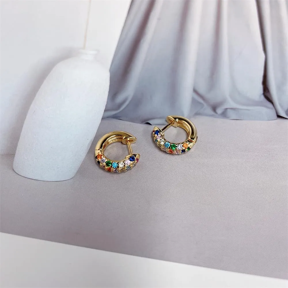 Dainty Chunky CZ Colorful Small Hoop Earrings for Women Cartilage Cute 925 Sterling Silver Post Gold Plated Cubic Zirconia Birthday Huggie Hoops Hypoallergenic Fashion Jewelry Gift Her