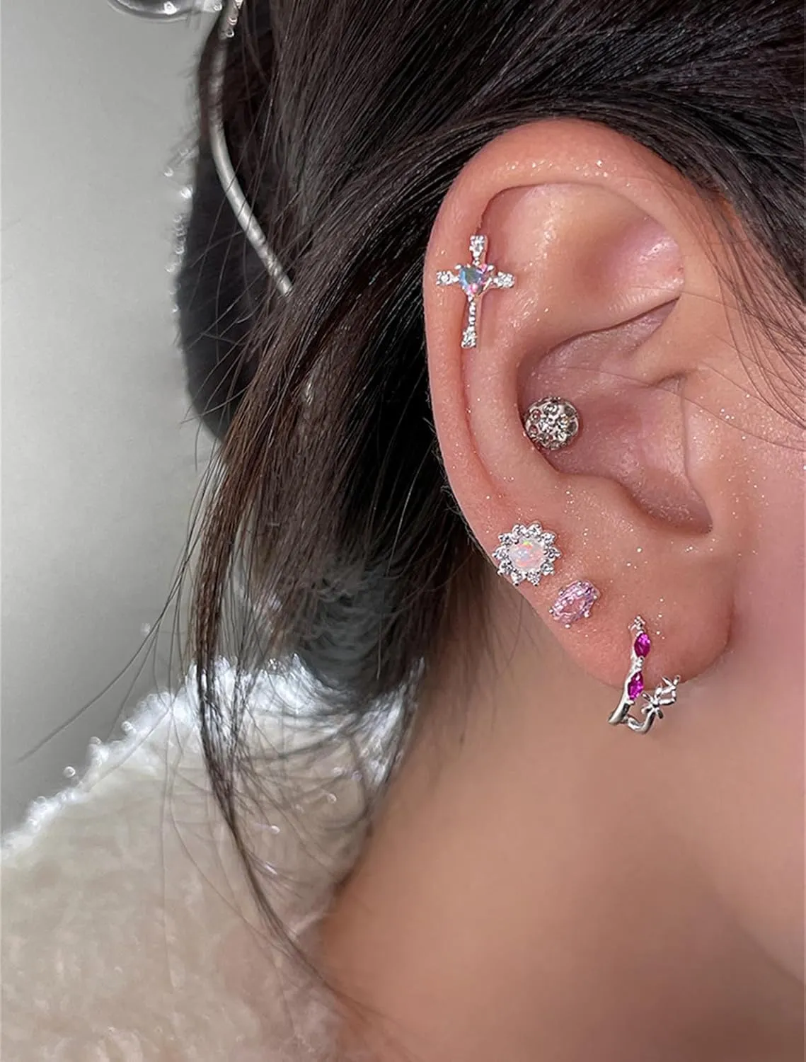 Dainty Cross Heart Cartilage Helix Stud Earrings for Women Girls 925 Sterling Silver Crystal Cubic Zirconia Love Hearts Screw Back Ball Tragus Barbell Labret Small Studs Earring Cute Faith Jewelry Gifts Valentine's Day 18G