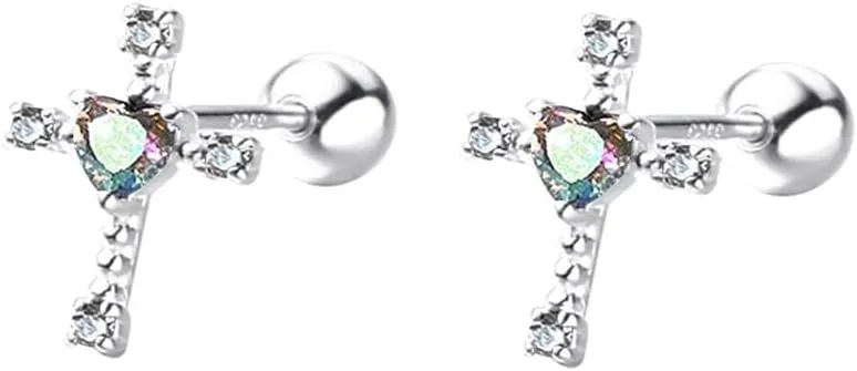 Dainty Cross Heart Cartilage Helix Stud Earrings for Women Girls 925 Sterling Silver Crystal Cubic Zirconia Love Hearts Screw Back Ball Tragus Barbell Labret Small Studs Earring Cute Faith Jewelry Gifts Valentine's Day 18G