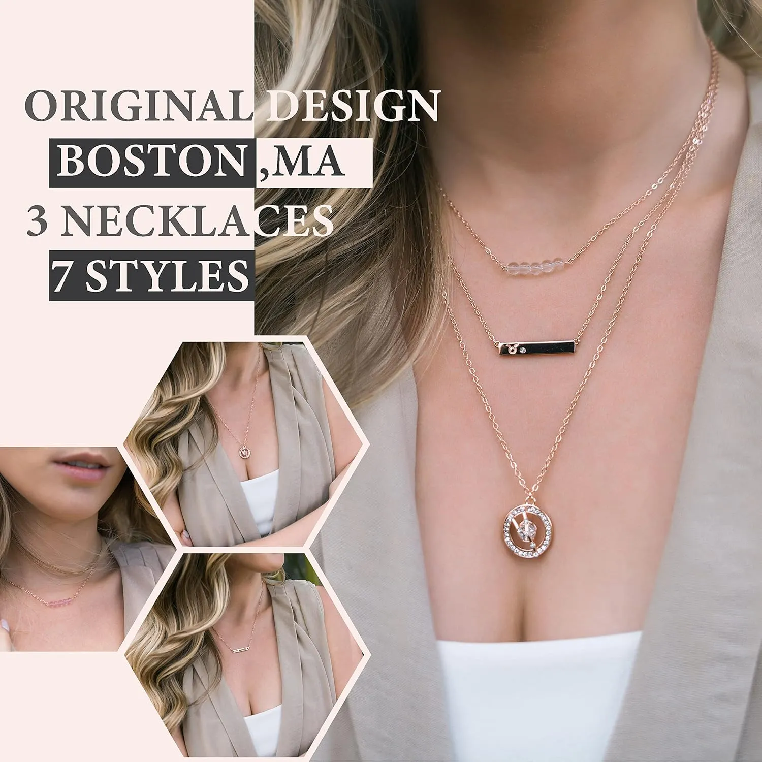 Dainty Layered Zodiac Necklaces for Women, 18K Rose Gold Plated, Bead Bar Y Pendant Multilayer Necklace, Birthstone Crystals Horoscope, Layering Minimalist Jewelry Birthday Gifts for Wife Mom