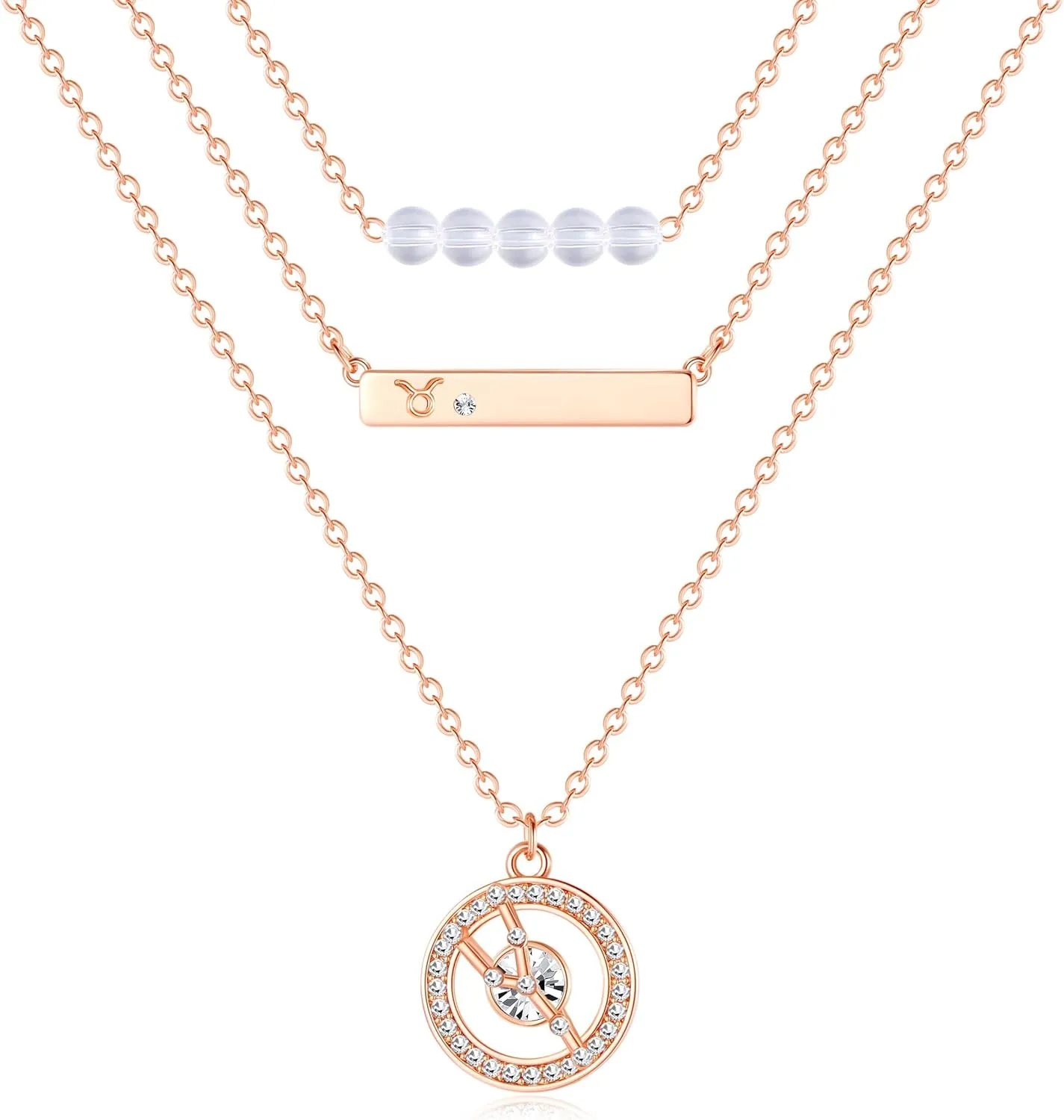 Dainty Layered Zodiac Necklaces for Women, 18K Rose Gold Plated, Bead Bar Y Pendant Multilayer Necklace, Birthstone Crystals Horoscope, Layering Minimalist Jewelry Birthday Gifts for Wife Mom
