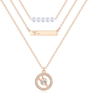 Dainty Layered Zodiac Necklaces for Women, 18K Rose Gold Plated, Bead Bar Y Pendant Multilayer Necklace, Birthstone Crystals Horoscope, Layering Minimalist Jewelry Birthday Gifts for Wife Mom