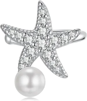 Dainty Sea Starfish Ear Cuff Non Piercing Cartilage Clip On Earring 925 Sterling Silver Crystal CZ Star Pearl Open Wrap Hoop Earrings Cute Summer Beach Jewelry for Women Hypoallergenic Fake Huggie