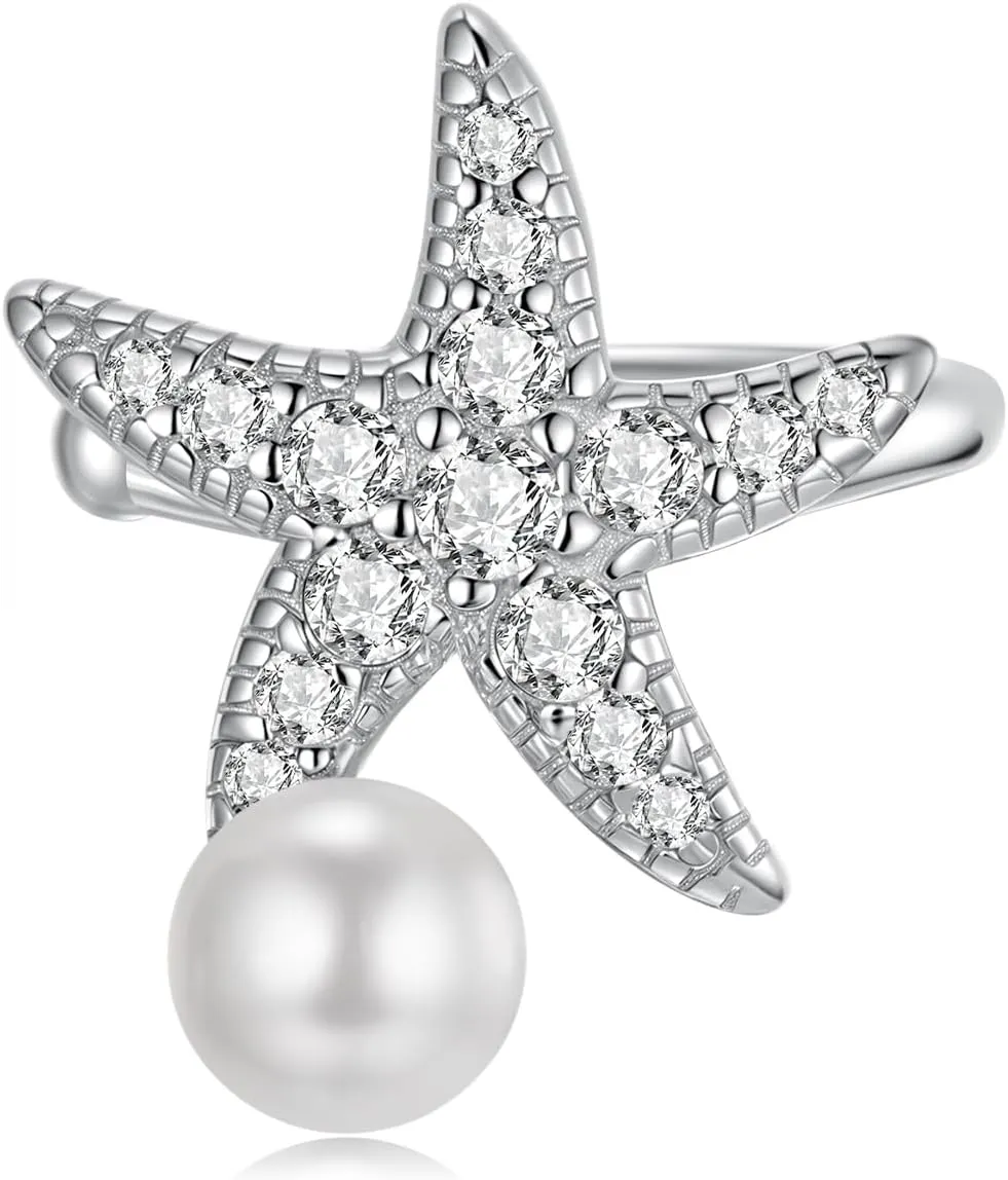 Dainty Sea Starfish Ear Cuff Non Piercing Cartilage Clip On Earring 925 Sterling Silver Crystal CZ Star Pearl Open Wrap Hoop Earrings Cute Summer Beach Jewelry for Women Hypoallergenic Fake Huggie