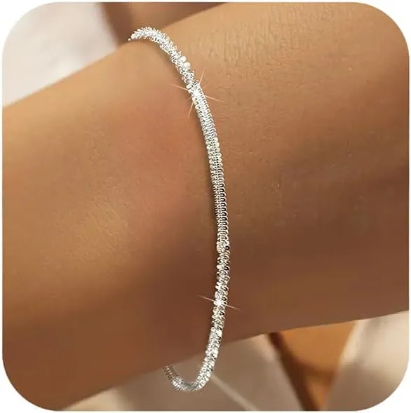 Dainty Shiny 925 Sterling Silver Bracelets for Women 14K Gold Plated Simple Twist Rope Chain Bracelet Minimalist Adjustable Link Charm Bracelet Jewelry Birthday Gifts for Mom