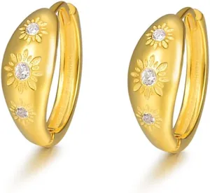 Dainty Sun Engraved Mini Hoop Earrings for Women Teen Girls Cartilage 925 Sterling Silver Crystal Cubic Zirconia Flower Tiny Small Huggie Hoops Earring Wrap Cuffs Cute Irregular Jewelry Gifts Hypoallergenic