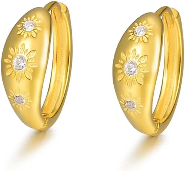 Dainty Sun Engraved Mini Hoop Earrings for Women Teen Girls Cartilage 925 Sterling Silver Crystal Cubic Zirconia Flower Tiny Small Huggie Hoops Earring Wrap Cuffs Cute Irregular Jewelry Gifts Hypoallergenic