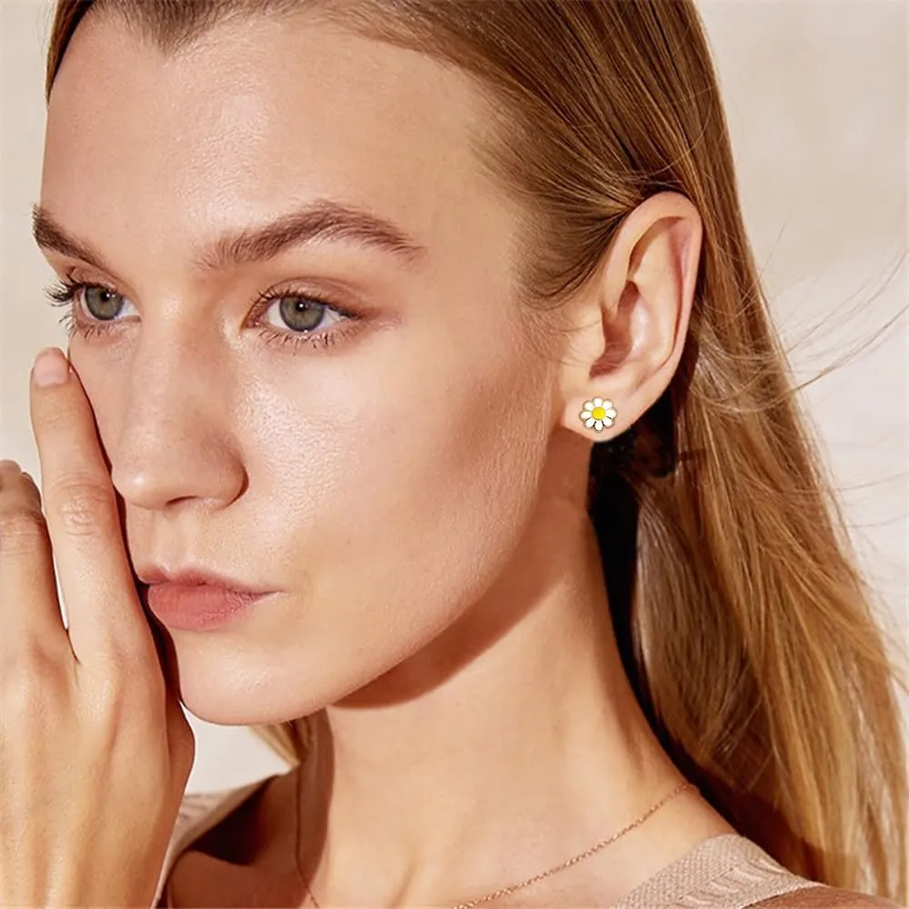 Daisy Flower Cartilage Helix Tiny Stud Earrings for Women Girls Men Stainless Steel Enamel Flowers Tragus Screw Flat Back Sleeper Studs Earring Cute Birthday Jewelry Gifts 18G