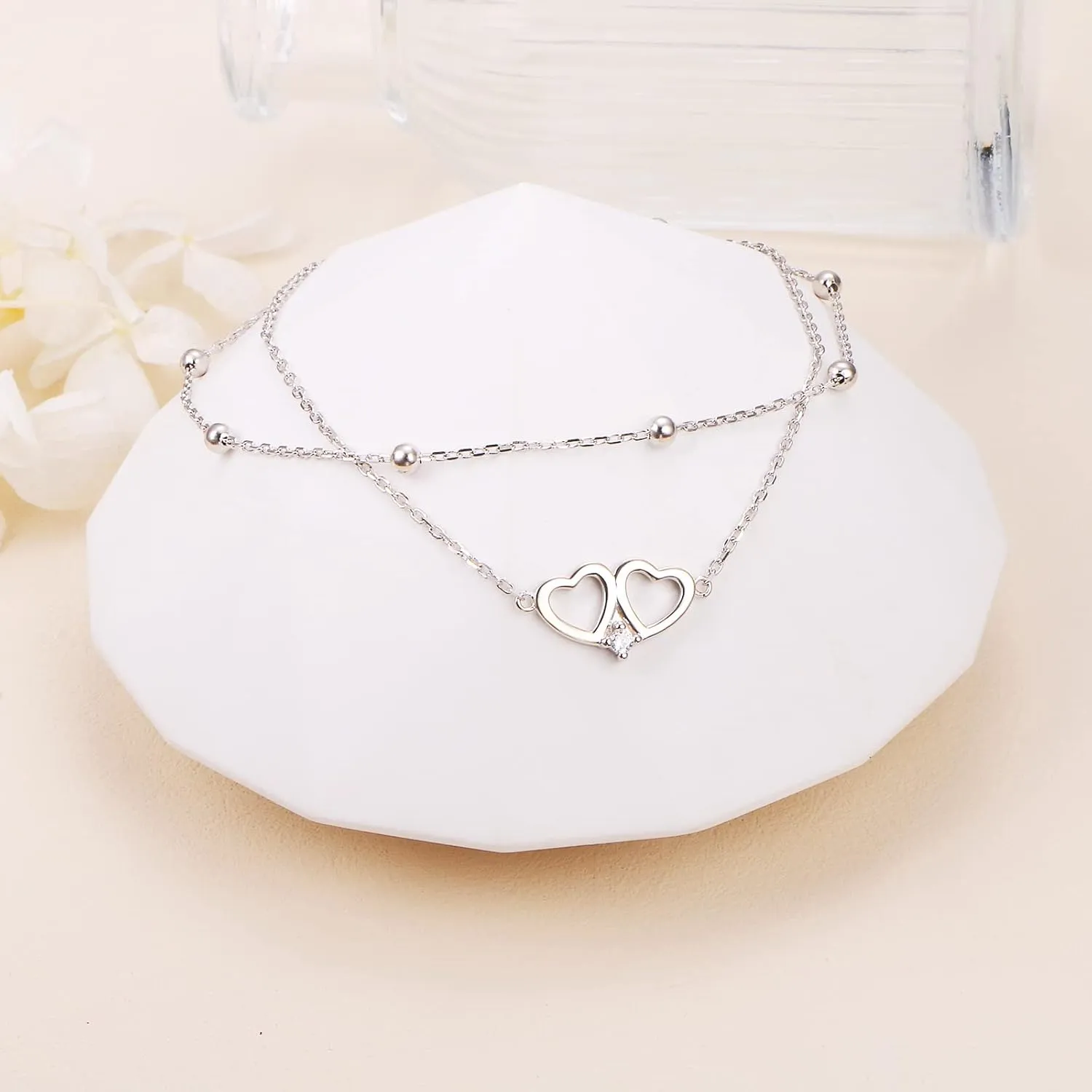 DAOCHONG Anklet for Women S925 Sterling Silver Adjustable Foot Heart Lotus Infinity Moon Srars Flower Pearl Multilayer Layered Ankle Bracelet Beach Jewelry