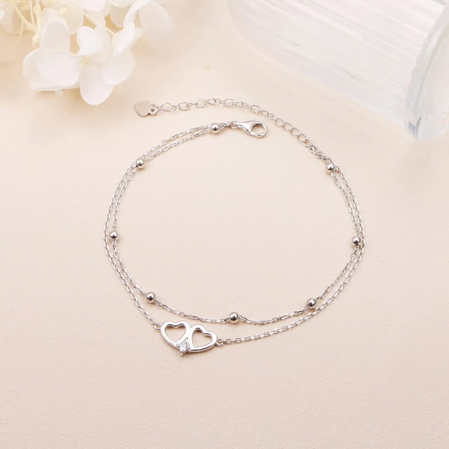 DAOCHONG Anklet for Women S925 Sterling Silver Adjustable Foot Heart Lotus Infinity Moon Srars Flower Pearl Multilayer Layered Ankle Bracelet Beach Jewelry
