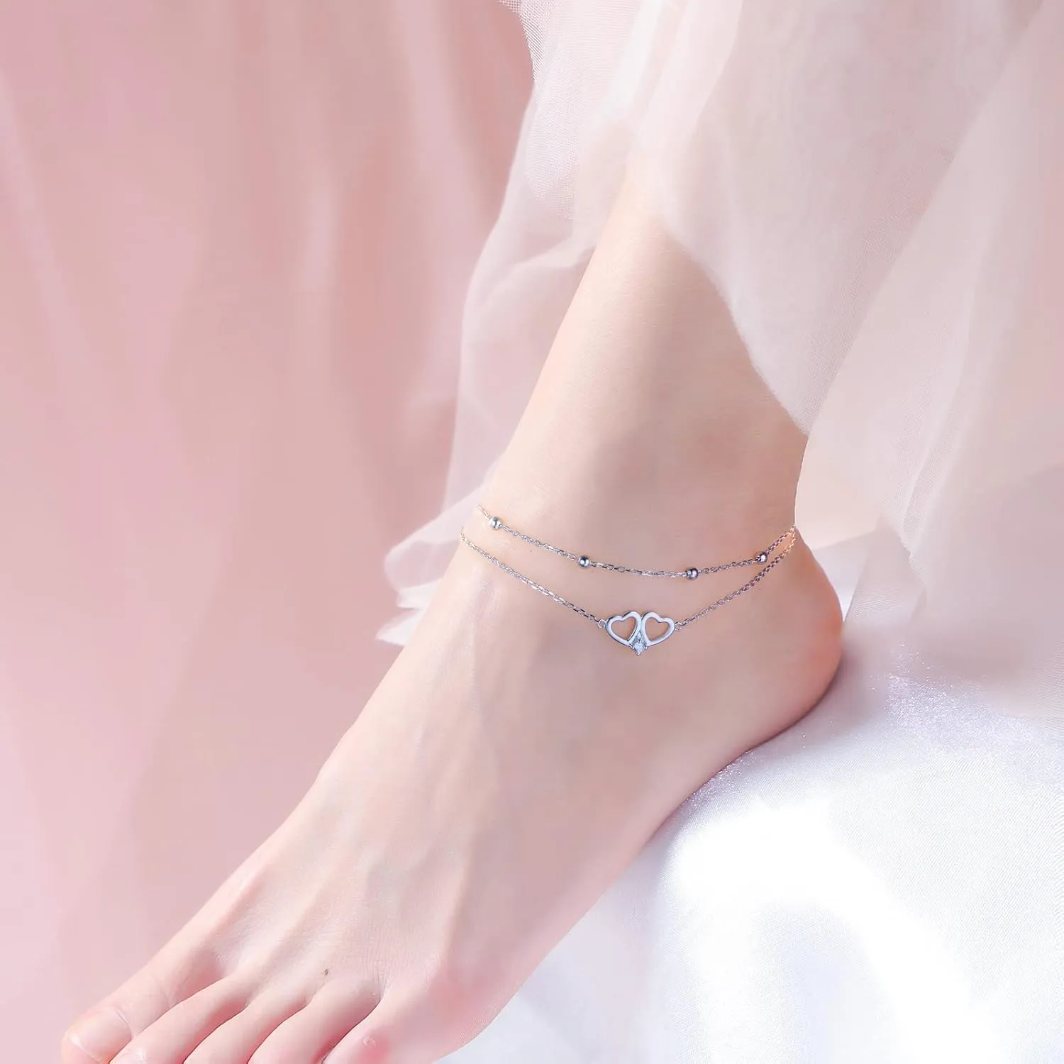 DAOCHONG Anklet for Women S925 Sterling Silver Adjustable Foot Heart Lotus Infinity Moon Srars Flower Pearl Multilayer Layered Ankle Bracelet Beach Jewelry