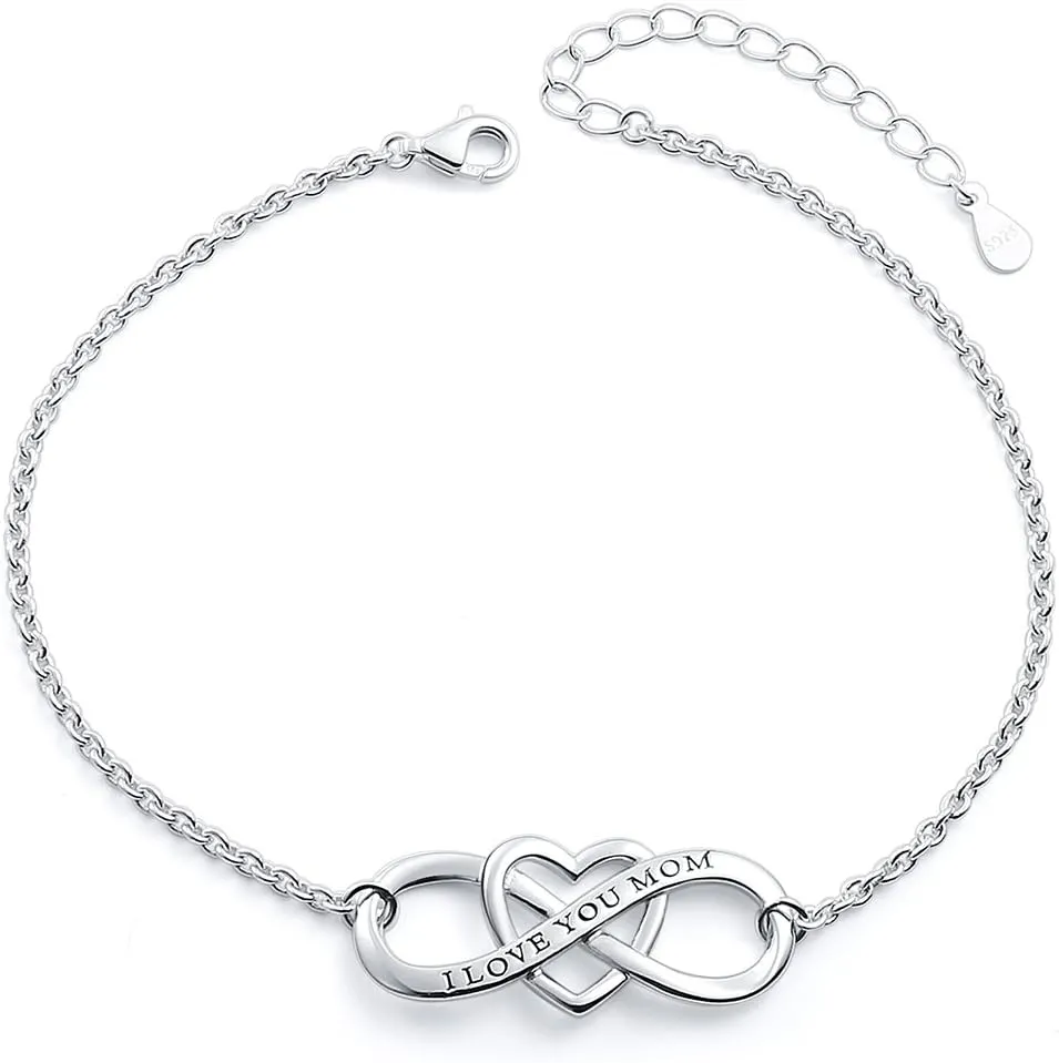 DAOCHONG I Love You Mom S925 Sterling Silver Heart Infinity Bracelet & Ring for Mother Mama Mommy Mum Birthday Jewelry