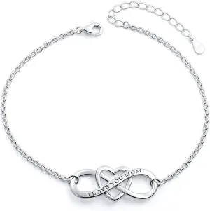 DAOCHONG I Love You Mom S925 Sterling Silver Heart Infinity Bracelet & Ring for Mother Mama Mommy Mum Birthday Jewelry