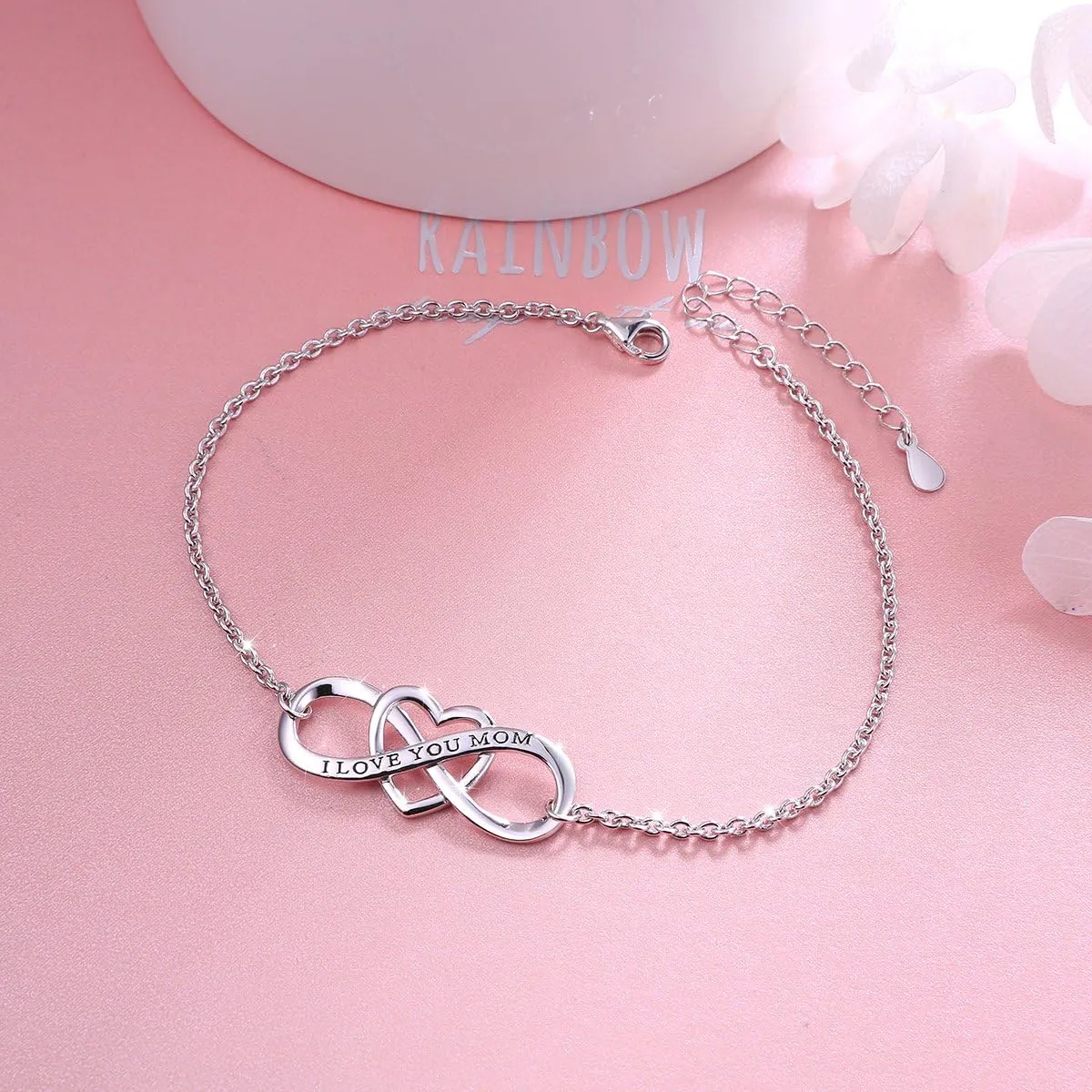 DAOCHONG I Love You Mom S925 Sterling Silver Heart Infinity Bracelet & Ring for Mother Mama Mommy Mum Birthday Jewelry