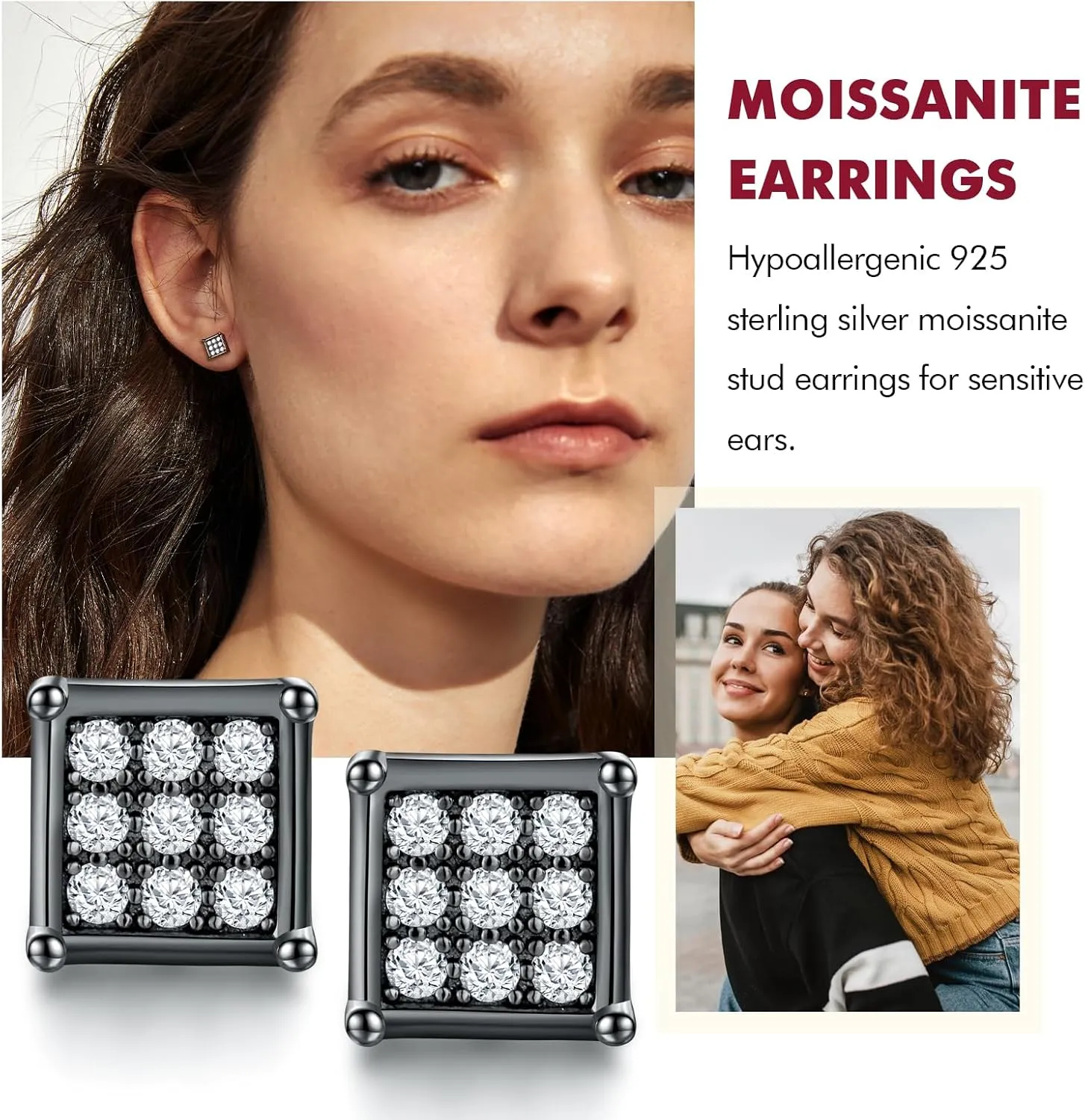 DAYBYDAY Moissanite Earrings for Women, Hypoallergenic 925 Sterling Silver D Color VVS1 Heart/Round/Cushion/Asscher/Square Moissanite Stud Earrings, Lab Created Diamond Earrings for Sensitive Ears