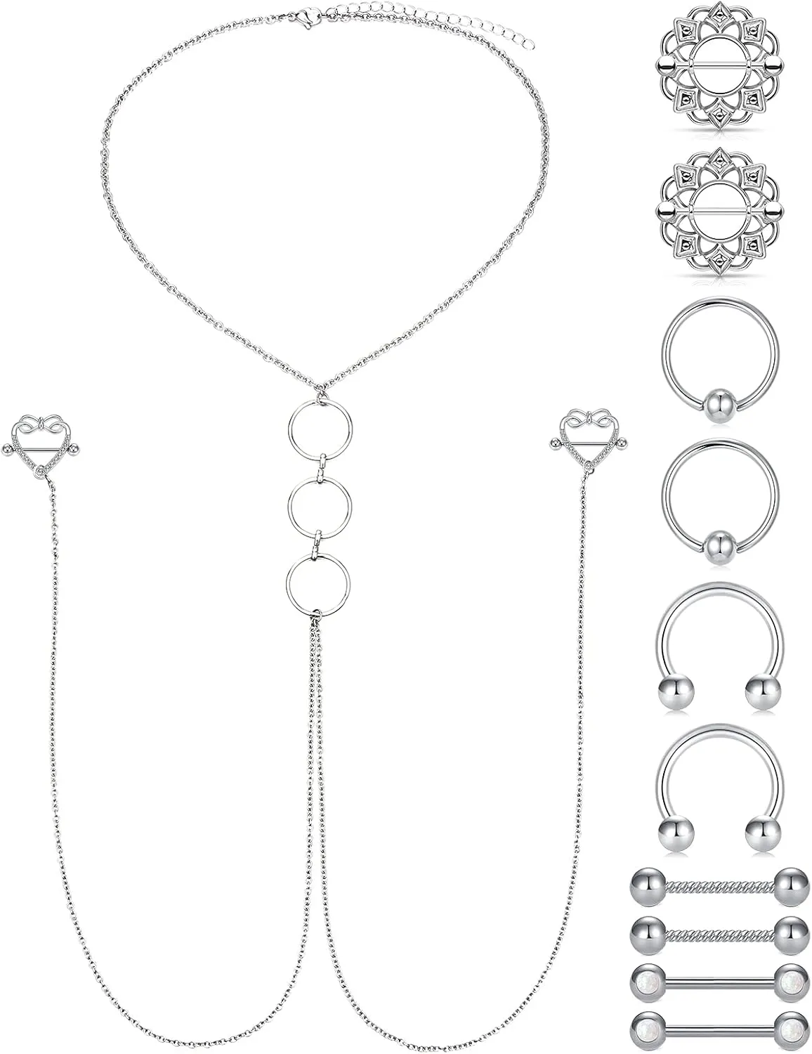 D.Bella 14G Nipple Rings for Women Nipple Piercing Jewelry Silver Rose Gold Black Nipple Ring with Choker Necklace Surgical Steel Nipple Jewelry 14mm 16mm Nipple Piercing Barbell
