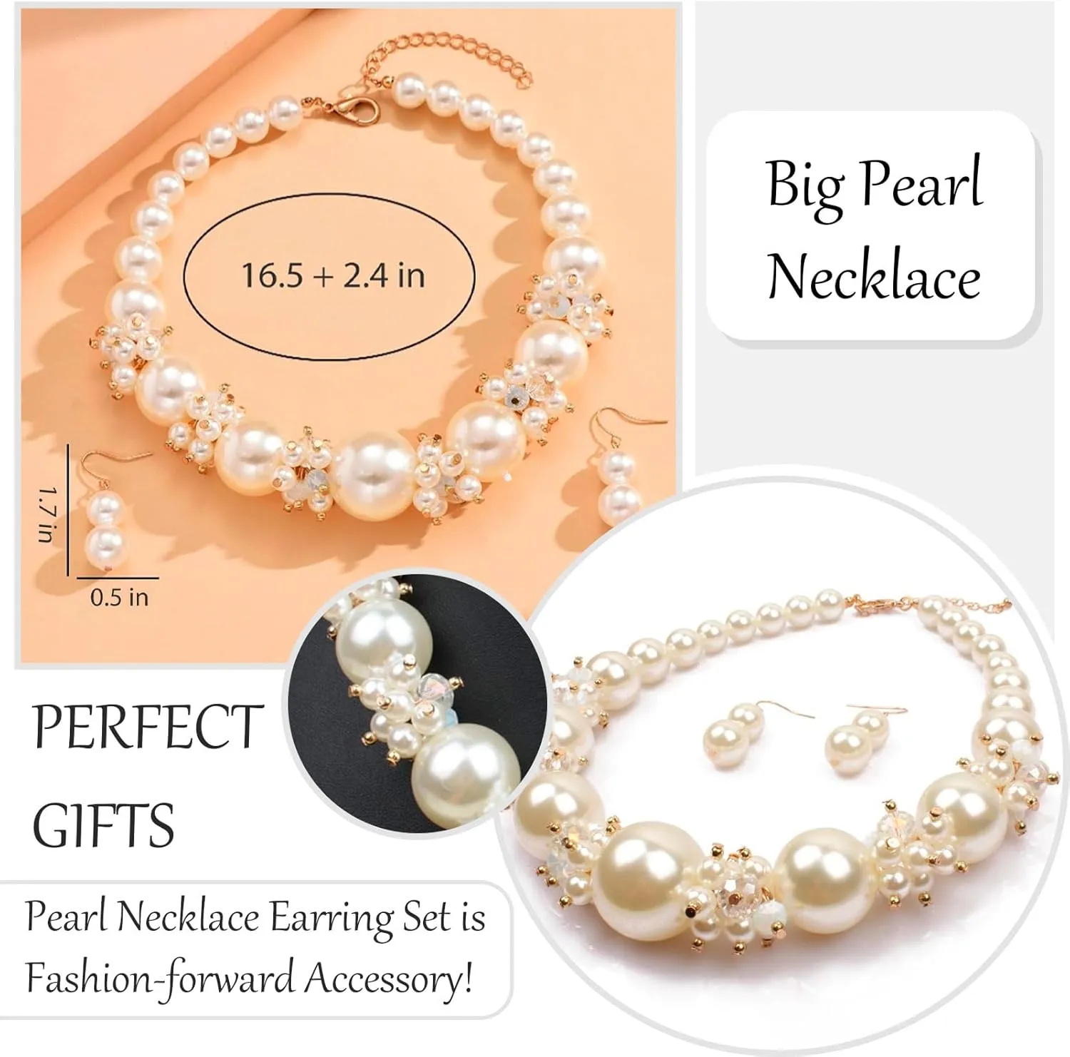 Dcfywl731 Pearl Jewelry Set for Women Pearls Necklace and Earring Set Chunky Pearl Necklaces for Women Prom Jewelry Big Pearls Charm Choker Wedding Jewelry Sets for Brides
