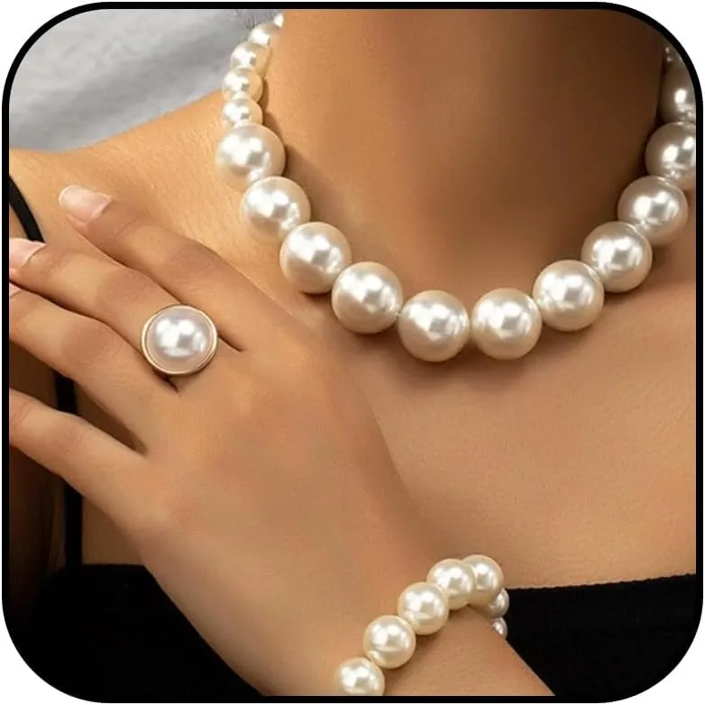Dcfywl731 Pearl Jewelry Set for Women Pearls Necklace and Earring Set Chunky Pearl Necklaces for Women Prom Jewelry Big Pearls Charm Choker Wedding Jewelry Sets for Brides