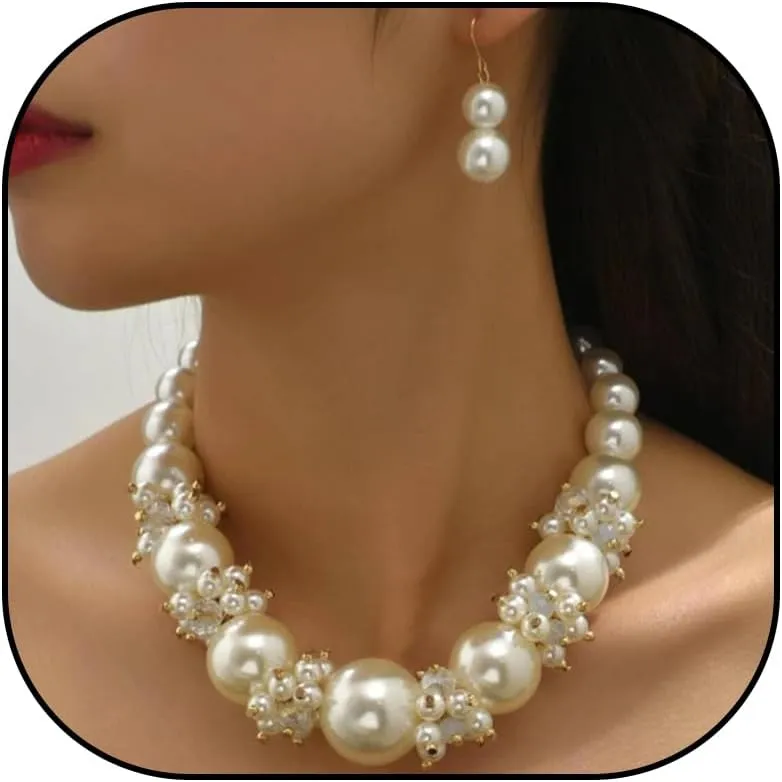 Dcfywl731 Pearl Jewelry Set for Women Pearls Necklace and Earring Set Chunky Pearl Necklaces for Women Prom Jewelry Big Pearls Charm Choker Wedding Jewelry Sets for Brides