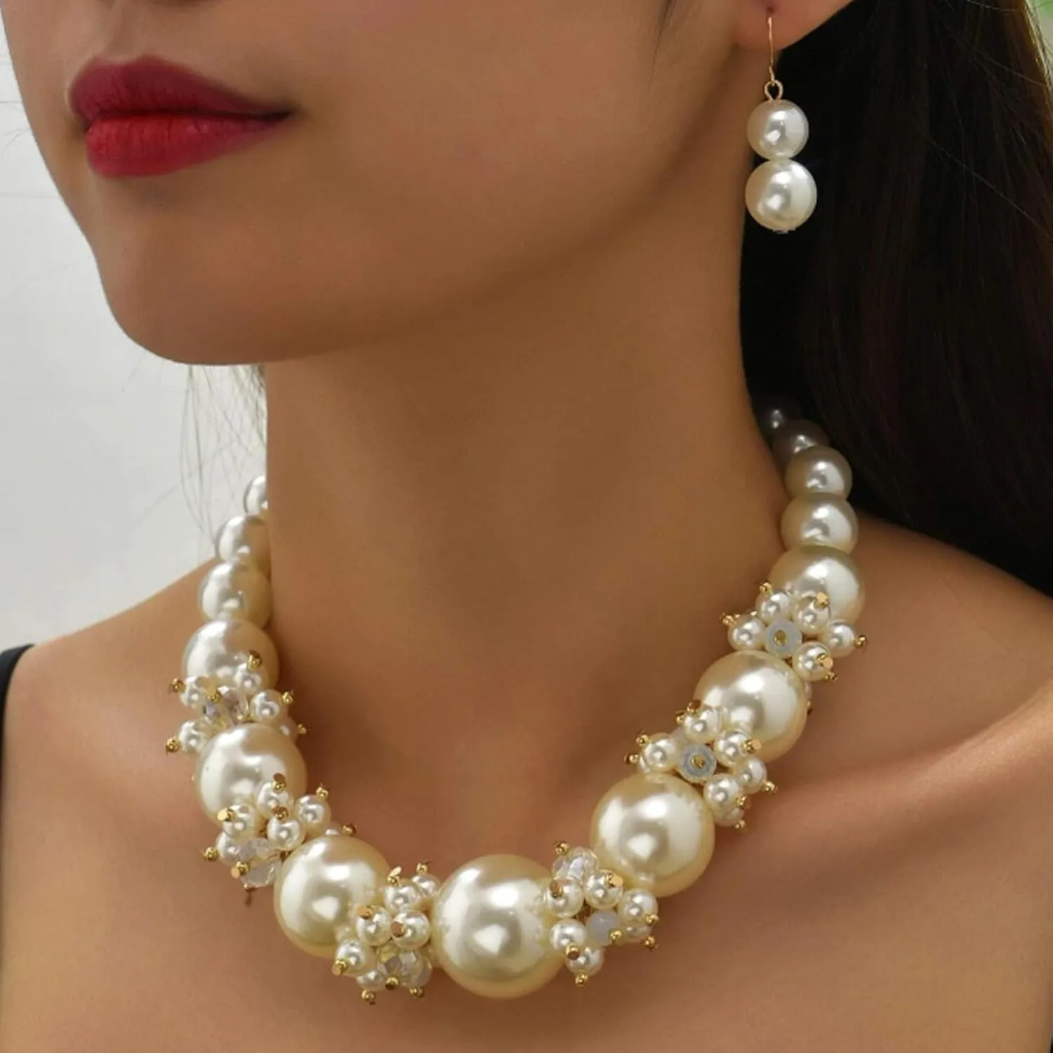 Dcfywl731 Pearl Jewelry Set for Women Pearls Necklace and Earring Set Chunky Pearl Necklaces for Women Prom Jewelry Big Pearls Charm Choker Wedding Jewelry Sets for Brides