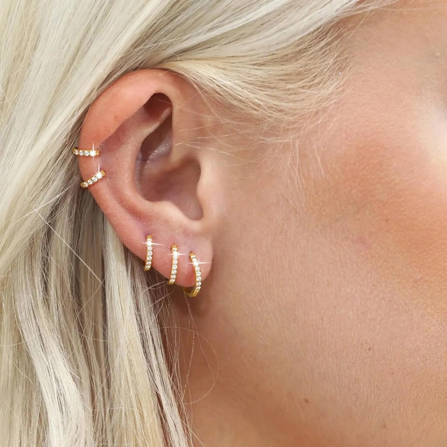DEARMAY 5Pcs Gold Huggie Hoop Earring Sets for Women, S925 Sterling Silver Post 14K Gold Plated CZ Earrings Jewelry Small Hypoallergenic Trendy Waterproof Lightweight Multiple Cartilage Earring
