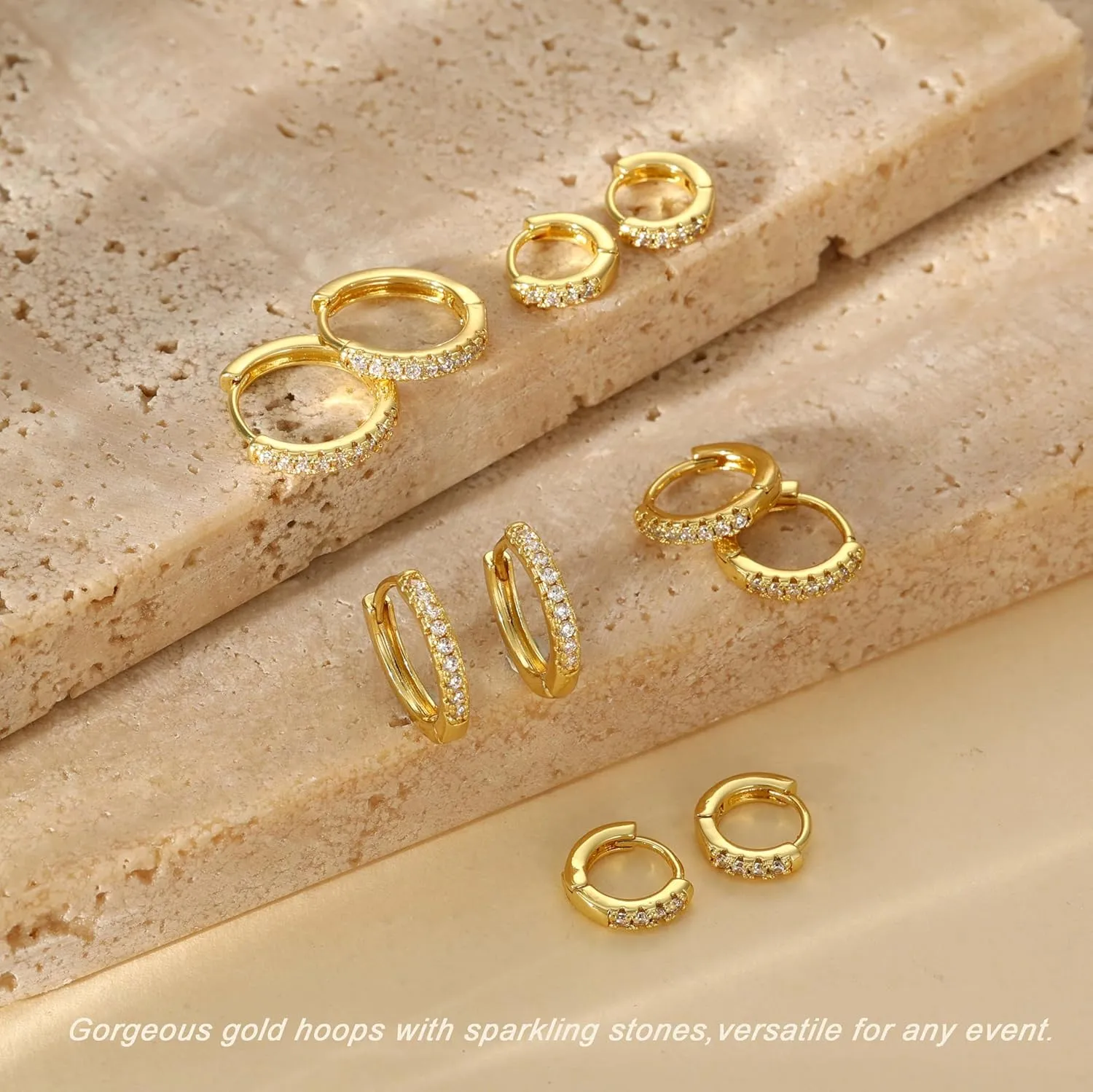 DEARMAY 5Pcs Gold Huggie Hoop Earring Sets for Women, S925 Sterling Silver Post 14K Gold Plated CZ Earrings Jewelry Small Hypoallergenic Trendy Waterproof Lightweight Multiple Cartilage Earring