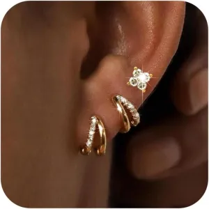 DEARMAY 5Pcs Gold Huggie Hoop Earring Sets for Women, S925 Sterling Silver Post 14K Gold Plated CZ Earrings Jewelry Small Hypoallergenic Trendy Waterproof Lightweight Multiple Cartilage Earring
