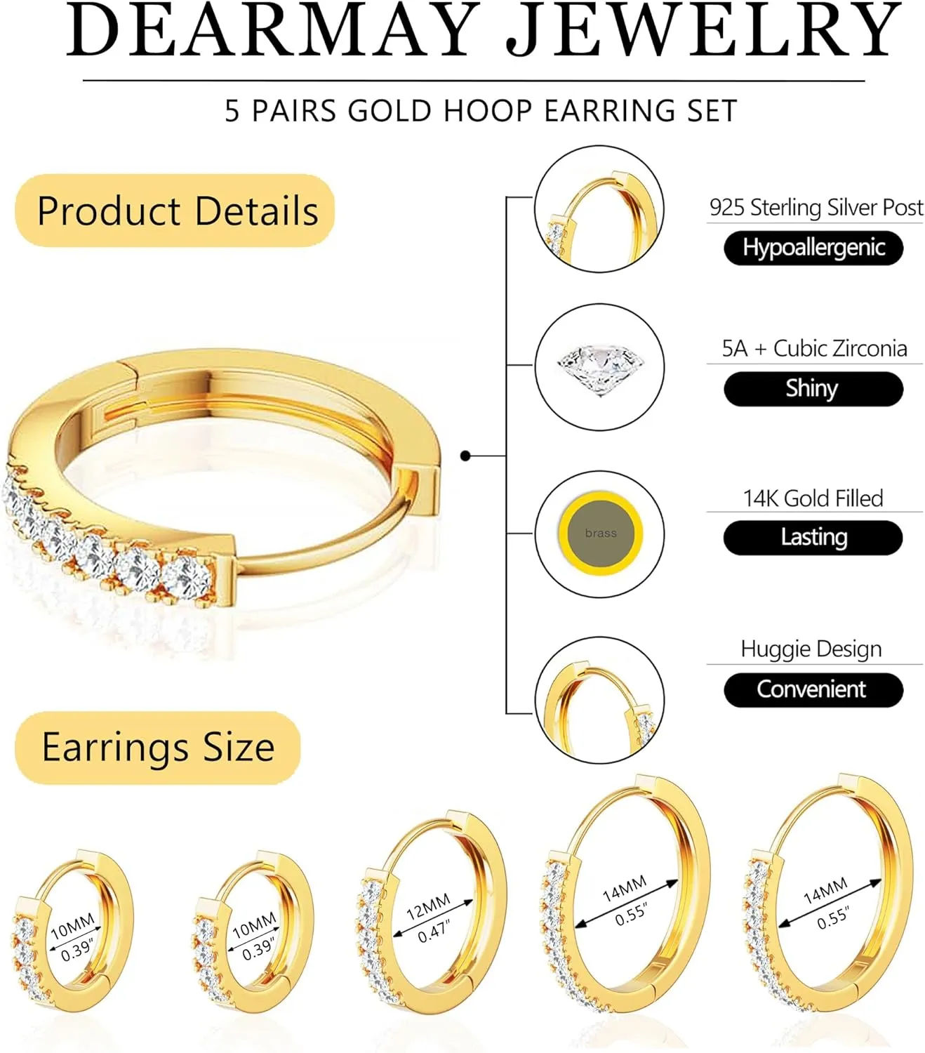 DEARMAY 5Pcs Gold Huggie Hoop Earring Sets for Women, S925 Sterling Silver Post 14K Gold Plated CZ Earrings Jewelry Small Hypoallergenic Trendy Waterproof Lightweight Multiple Cartilage Earring