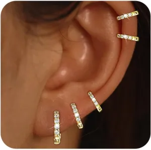 DEARMAY 5Pcs Gold Huggie Hoop Earring Sets for Women, S925 Sterling Silver Post 14K Gold Plated CZ Earrings Jewelry Small Hypoallergenic Trendy Waterproof Lightweight Multiple Cartilage Earring