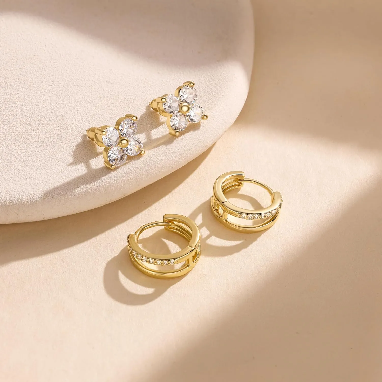 DEARMAY 5Pcs Gold Huggie Hoop Earring Sets for Women, S925 Sterling Silver Post 14K Gold Plated CZ Earrings Jewelry Small Hypoallergenic Trendy Waterproof Lightweight Multiple Cartilage Earring