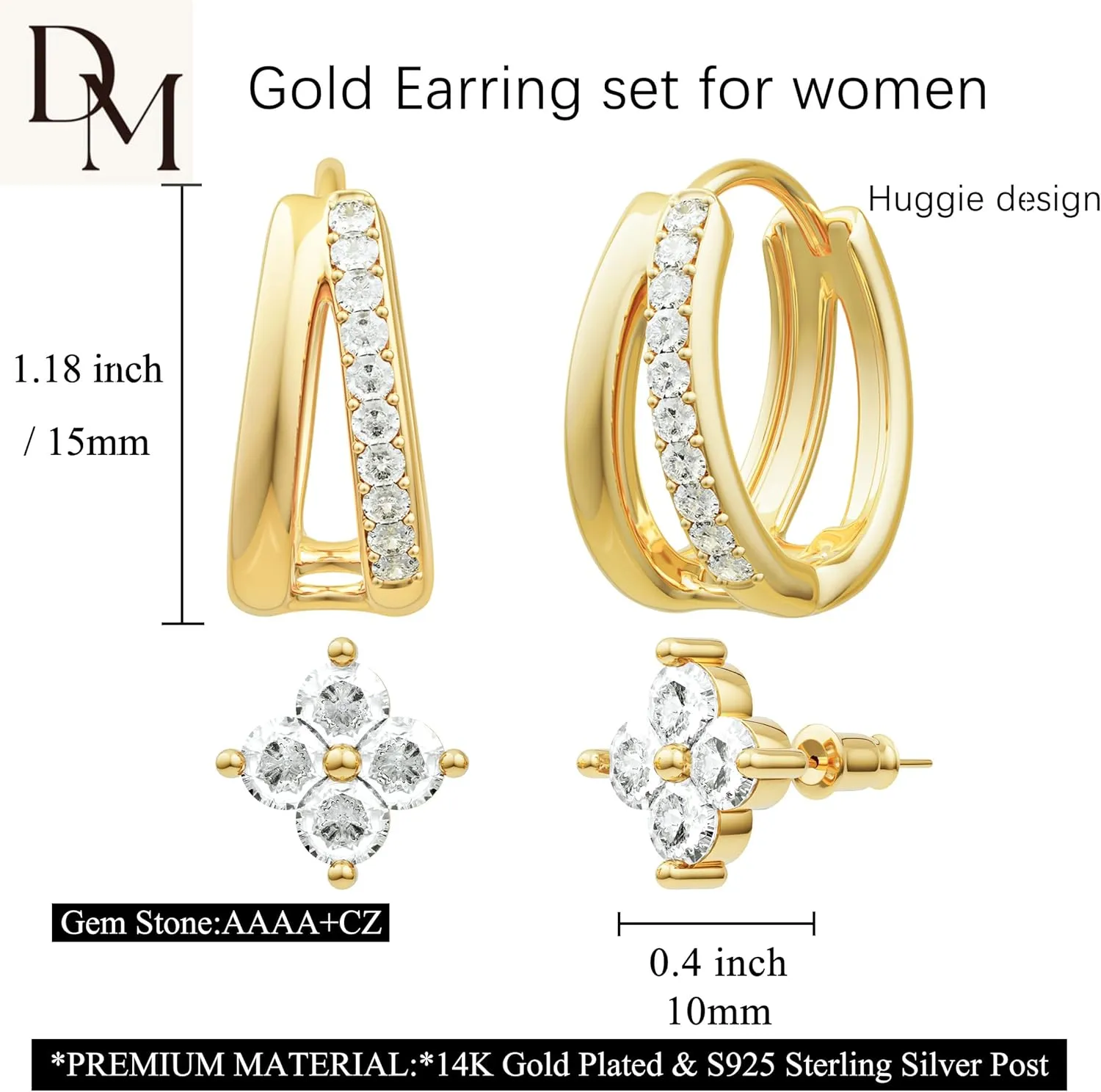 DEARMAY 5Pcs Gold Huggie Hoop Earring Sets for Women, S925 Sterling Silver Post 14K Gold Plated CZ Earrings Jewelry Small Hypoallergenic Trendy Waterproof Lightweight Multiple Cartilage Earring