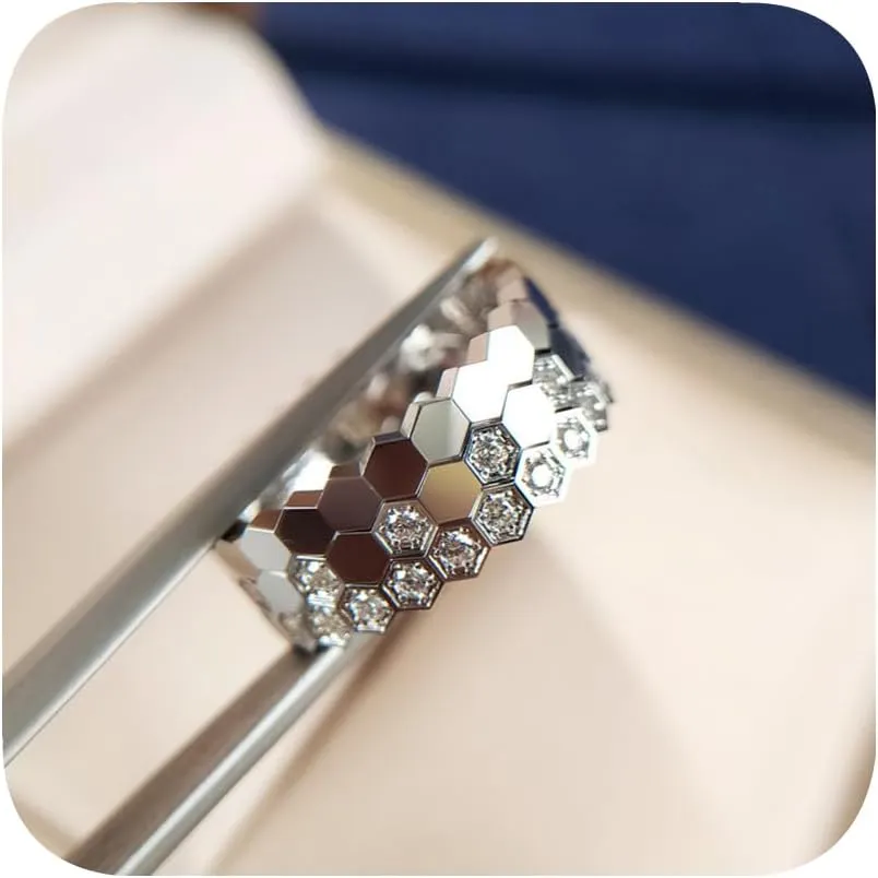 Detail 18K Plated Platinum/Rose Gold Cute Bee Honeycomb Ring Minimalist Women's Geometric 3PCS Set Shiny Cubic Zirconia Diamond Hexagonal Ring Wedding Anniversary Eternity Ring (9#, Platinum)