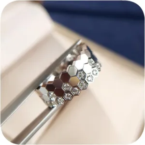Detail 18K Plated Platinum/Rose Gold Cute Bee Honeycomb Ring Minimalist Women's Geometric 3PCS Set Shiny Cubic Zirconia Diamond Hexagonal Ring Wedding Anniversary Eternity Ring (9#, Platinum)