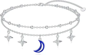 Diamond Moon Star Planet Bracelet for Women 925 Sterling Silver Celestial Layered Bracelets Diamond Jewelry Gifts for Women Daughter Mom Wife Friends,7" 2"