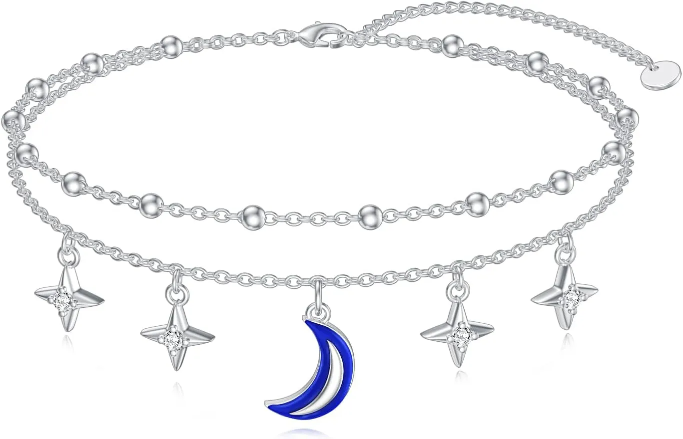 Diamond Moon Star Planet Bracelet for Women 925 Sterling Silver Celestial Layered Bracelets Diamond Jewelry Gifts for Women Daughter Mom Wife Friends,7" 2"