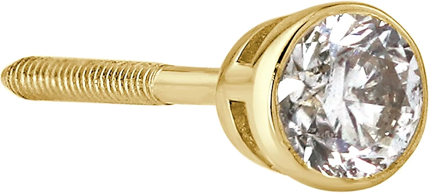 Diamond Wish 1/8 Carat Round Diamond Single Stud Earring in 14k Yellow Gold (H-I, I1-I2, cttw) Bezel Set Screw Back