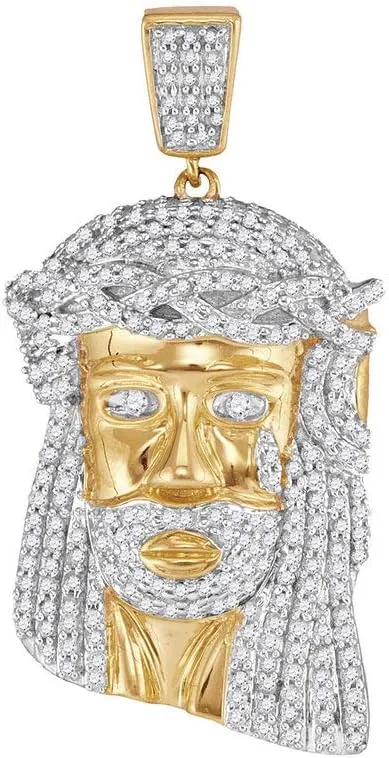 Diamond2Deal 10kt Yellow Gold Round Diamond Jesus Face Charm Pendant 7/8 Cttw Color- G-H Clarity- I2-I3