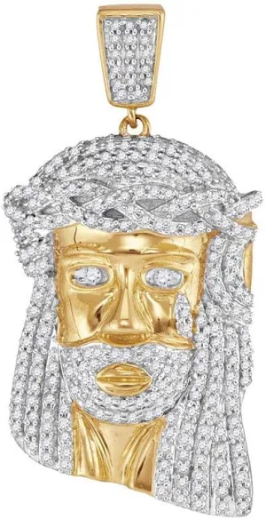 Diamond2Deal 10kt Yellow Gold Round Diamond Jesus Face Charm Pendant 7/8 Cttw Color- G-H Clarity- I2-I3