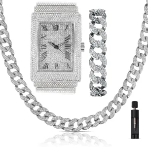 Diamonds Gold Silver Plated 50MM Rectangle Iced Out Watch, 18 Inch Cuban Link Luxury Necklace Chain with Bracelet Set for Men, GiftBox