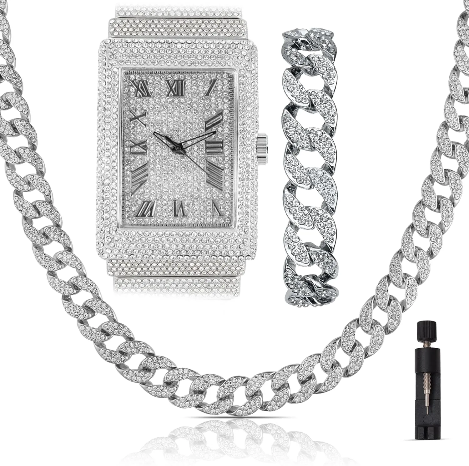 Diamonds Gold Silver Plated 50MM Rectangle Iced Out Watch, 18 Inch Cuban Link Luxury Necklace Chain with Bracelet Set for Men, GiftBox