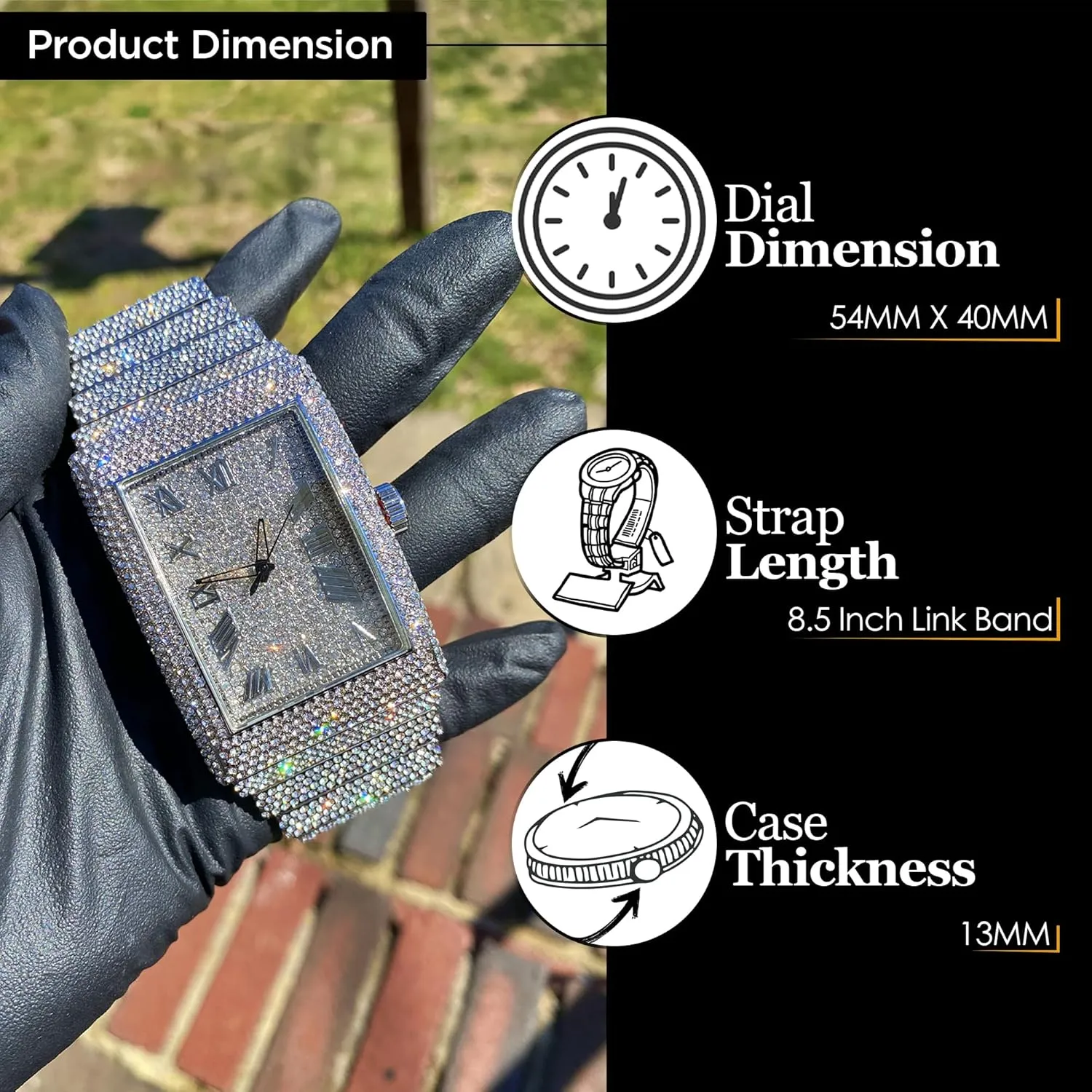 Diamonds Gold Silver Plated 50MM Rectangle Iced Out Watch, 18 Inch Cuban Link Luxury Necklace Chain with Bracelet Set for Men, GiftBox