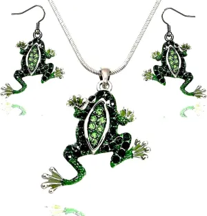 DianaL Boutique Beautiful Green Frog Pendant Necklace and Earrings Set 21" Chain with a Gift Box
