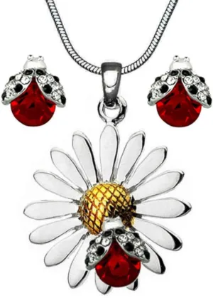DianaL Boutique Beautiful Silvertone Daisy Flower Ladybug Pendant Necklace and Earrings Stud Set 21" Chain Gift Boxed Fashion Jewelry