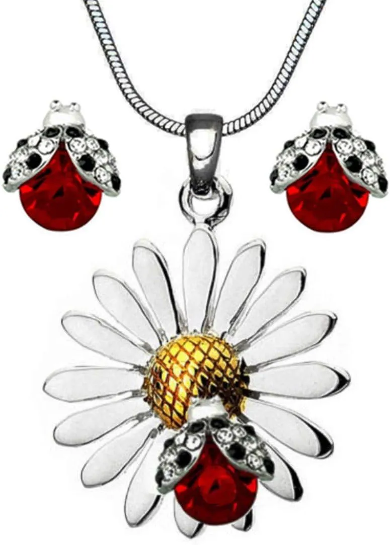 DianaL Boutique Beautiful Silvertone Daisy Flower Ladybug Pendant Necklace and Earrings Stud Set 21" Chain Gift Boxed Fashion Jewelry