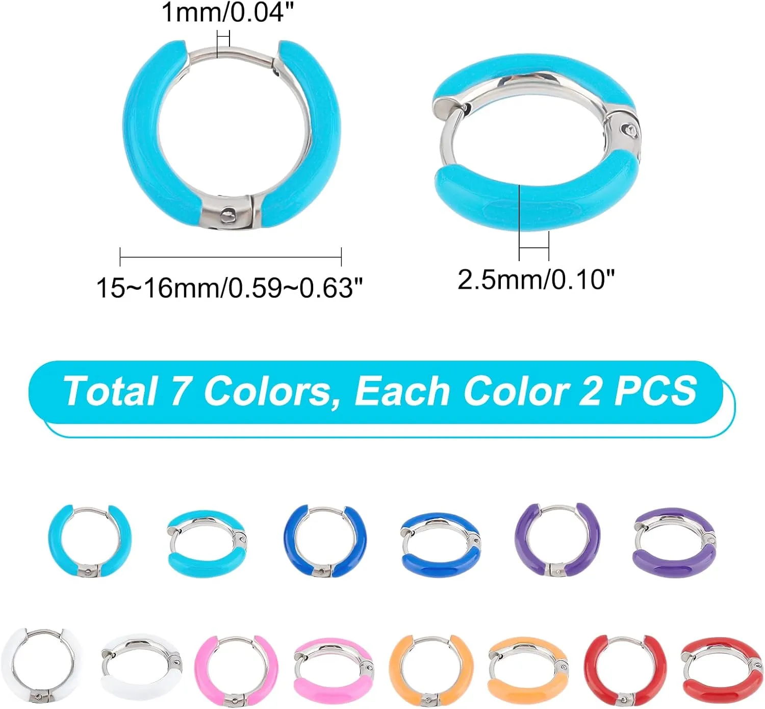 DICOSMETIC 7 Pairs 7 Colors Enamel Hoop Earrings Colorful Cute Huggie Hoop Earring 15mm Stainless Steel Earrings Set Small Circle Hoop Earrings Cute Statement Earrings for Women Jewelry