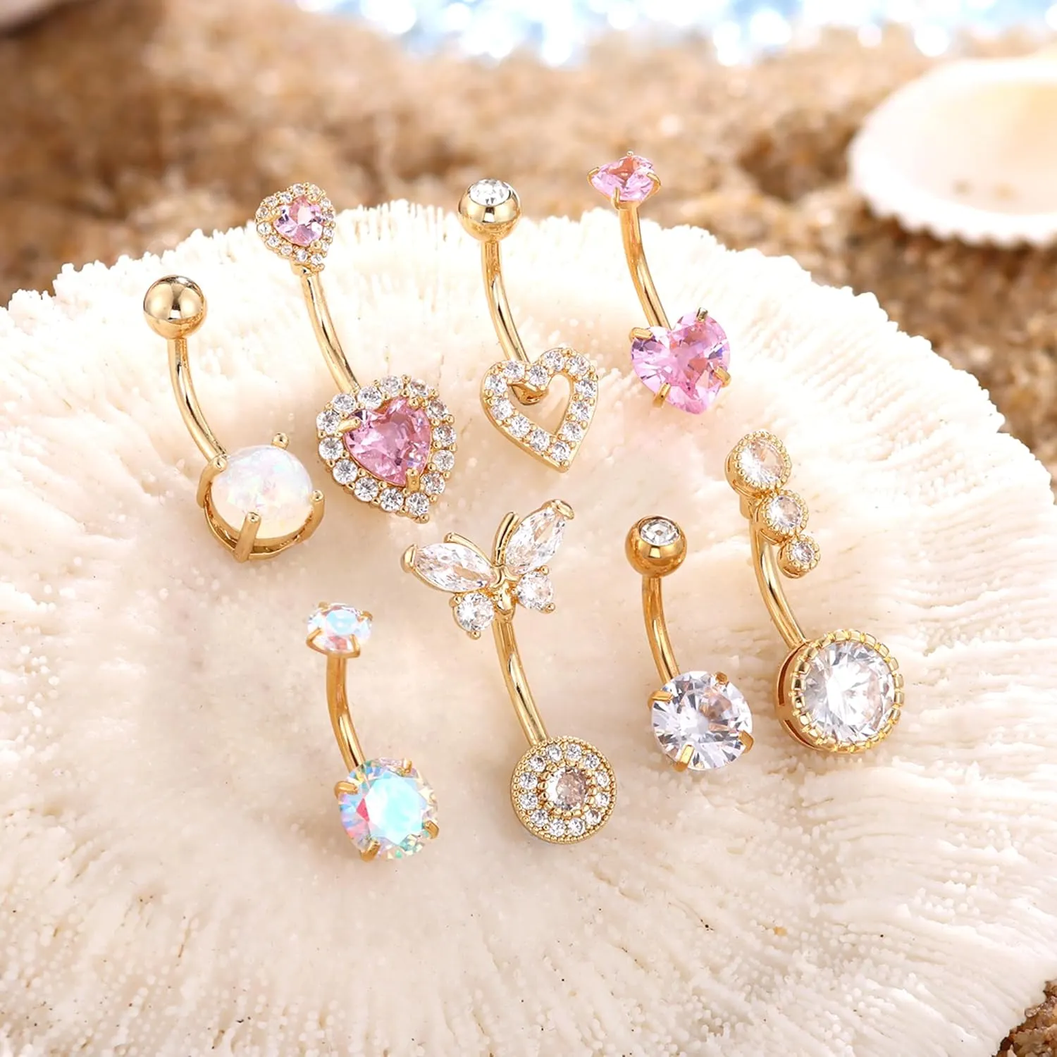 Dochais Pink Heart Belly Button Ring Piercing 8Pcs 14G Surgical Stainless Steel Navel Piercing Jewelry Hypoallergenic Cute Opal Butterfly Belly Button Rings for Women